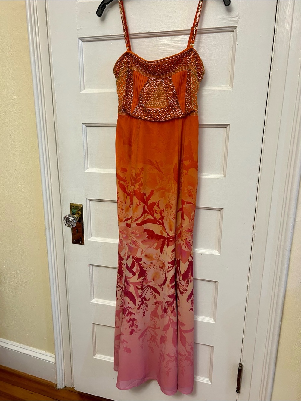 Karen Millen Orange to Pink Ombre Floral Maxi Dress with Beaded Bodice